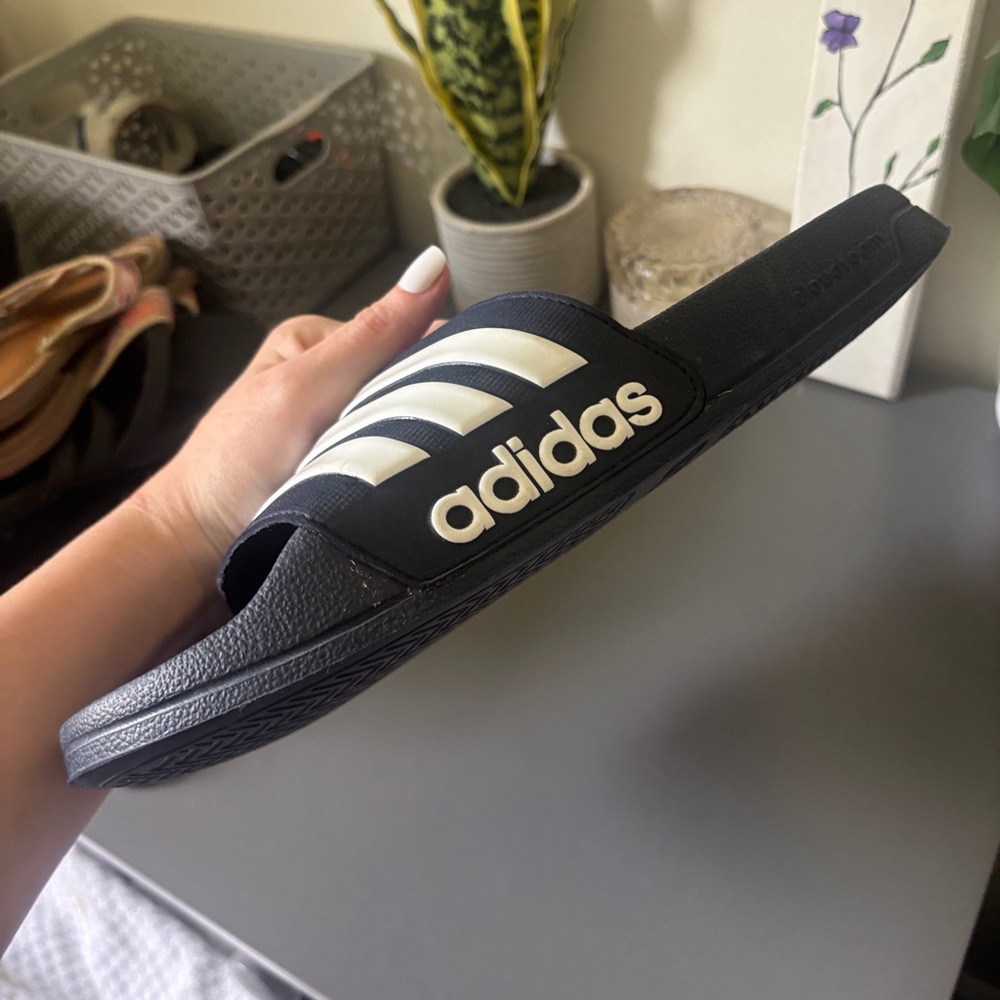 Adidas Men's Navy Slide Sandal with White Stripes